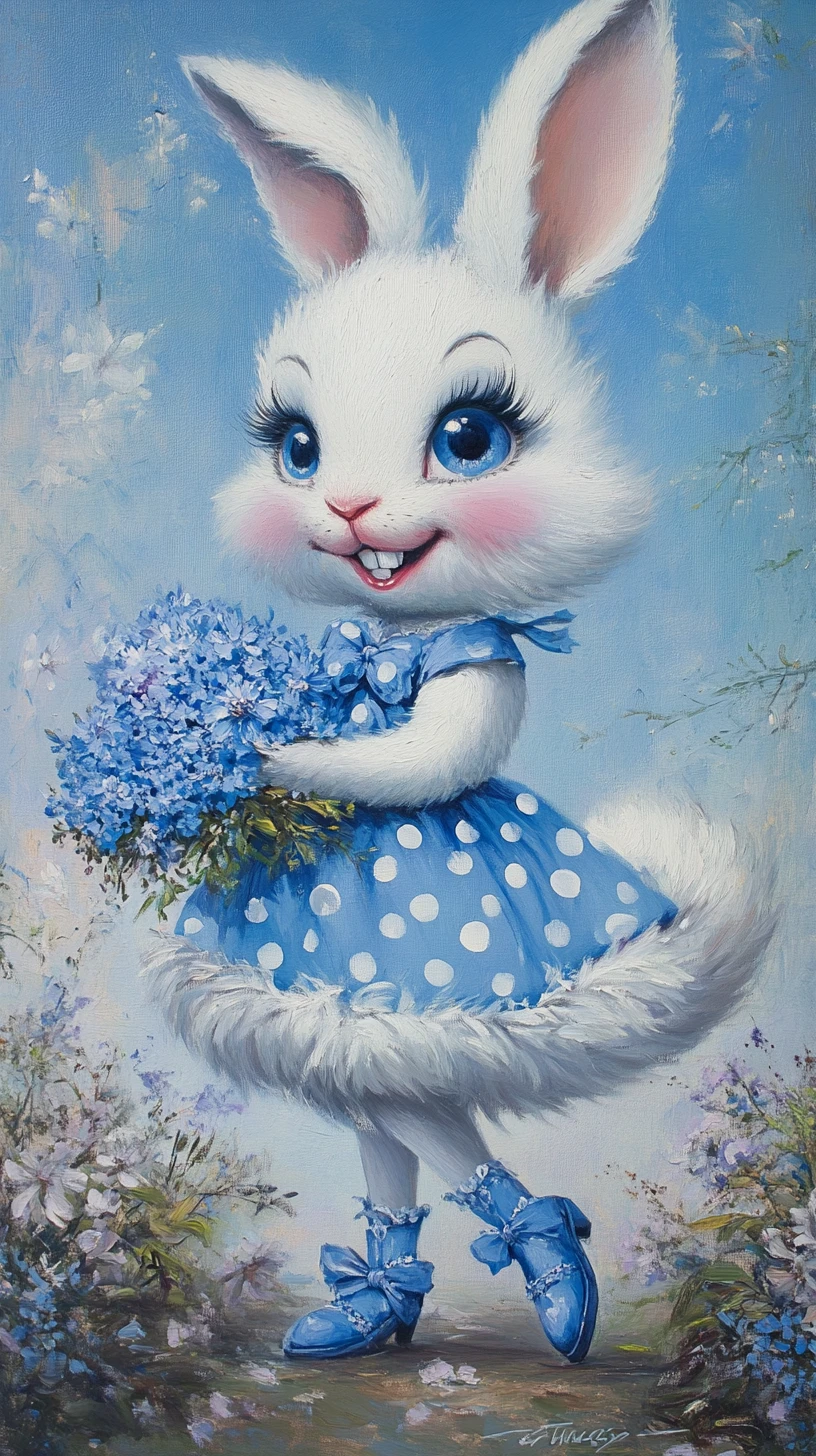Coelho branco sorridente em vestido azul de bolinhas com flores