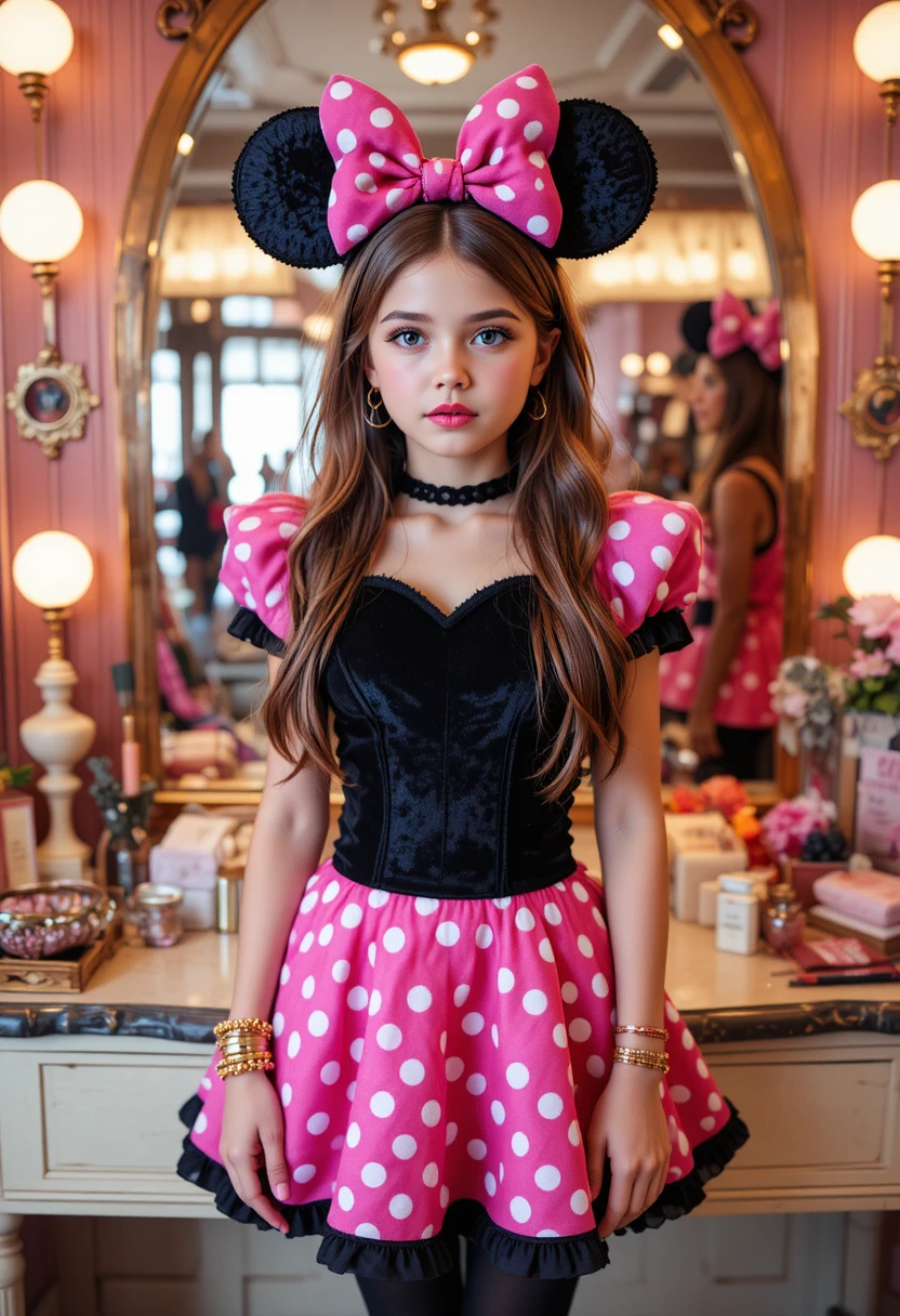 Menino pré-adolescente ansioso vestido de Minnie Mouse em boutique