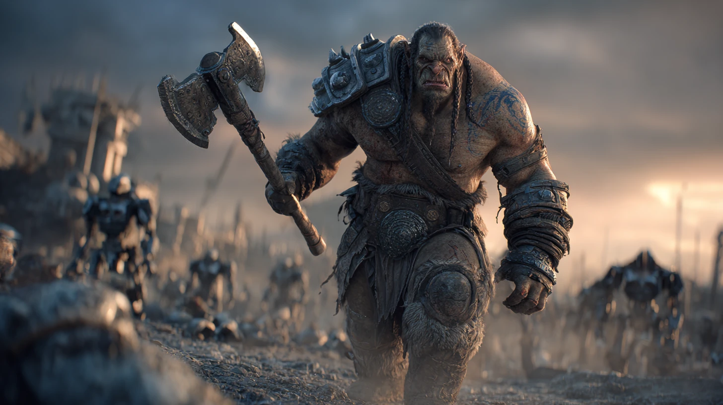 Barbarian warrior charging across a desolate robotic battlefield