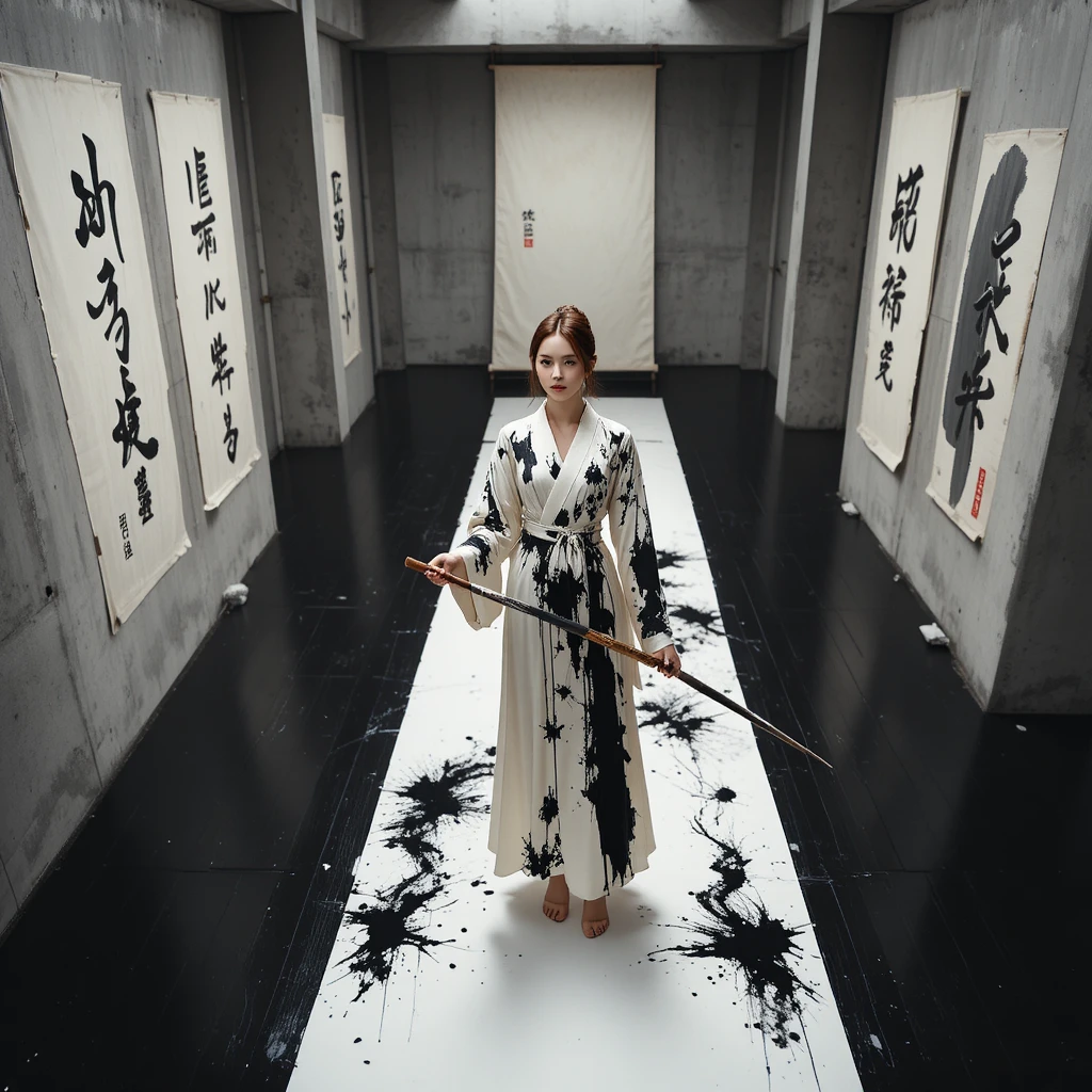 Young woman with giant calligraphy brush on white scroll
