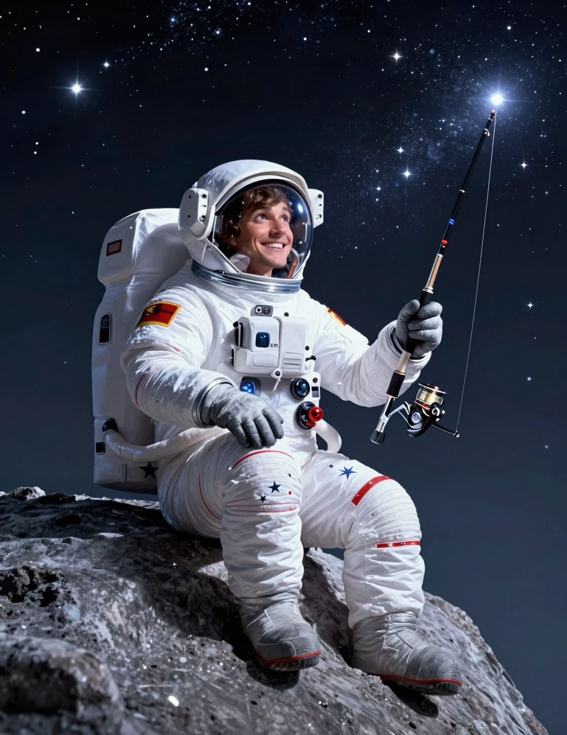 Abenteuerlustiger Astronaut angelt nach einem Stern auf dem Mond