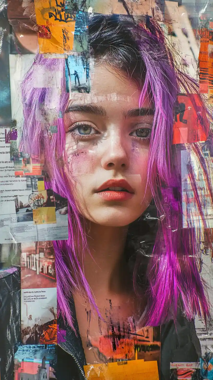 Young woman with lilac hair framed by urban poster collage