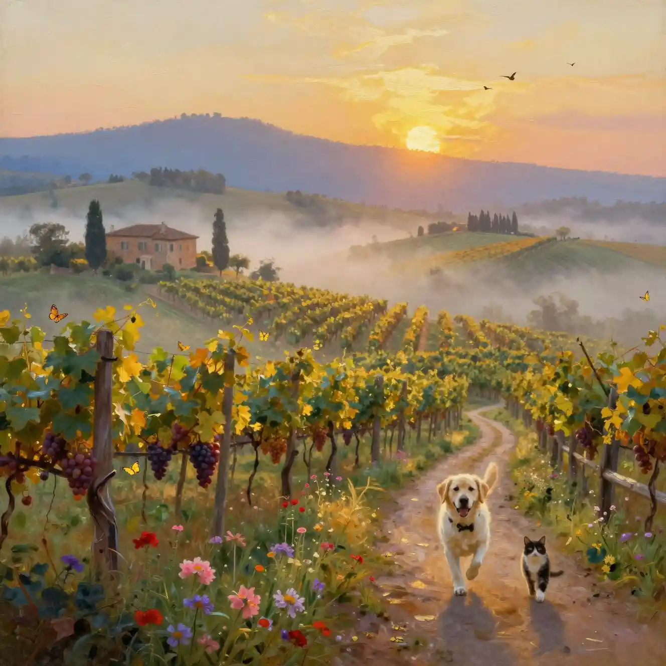 Golden Sunrise Over Misty Vineyard Valley Landscape