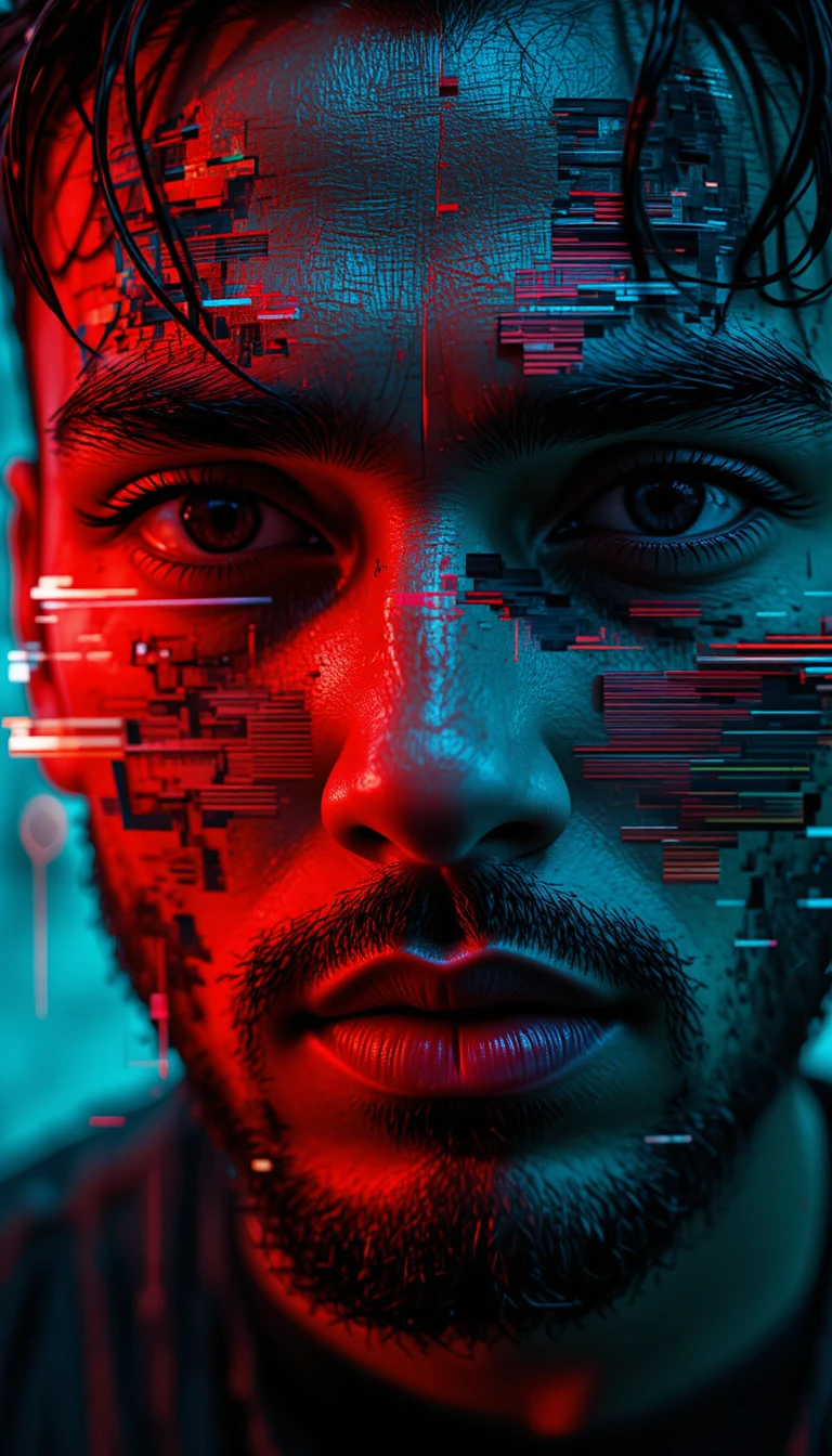 Portrait glitch en très gros plan d’un homme fragmenté