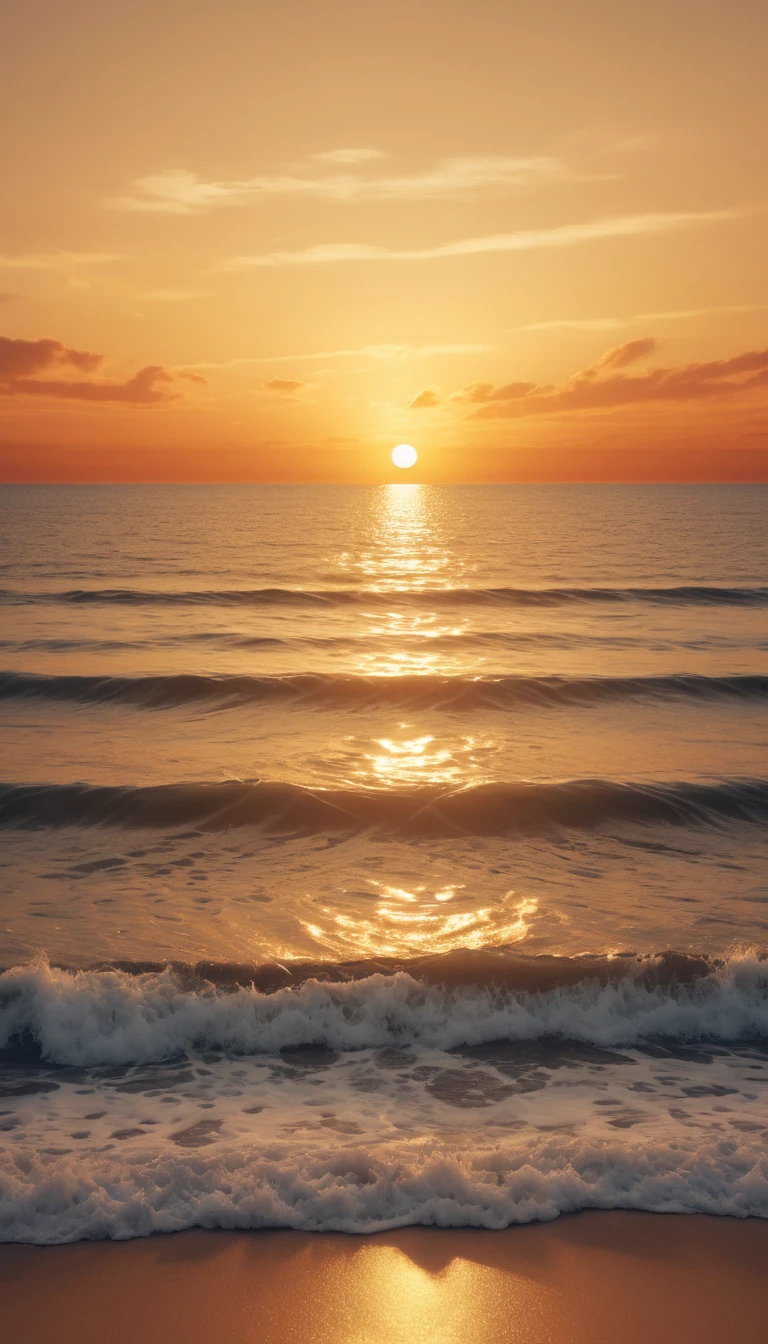 Pôr do sol dourado sobre mar calmo com ondas suaves