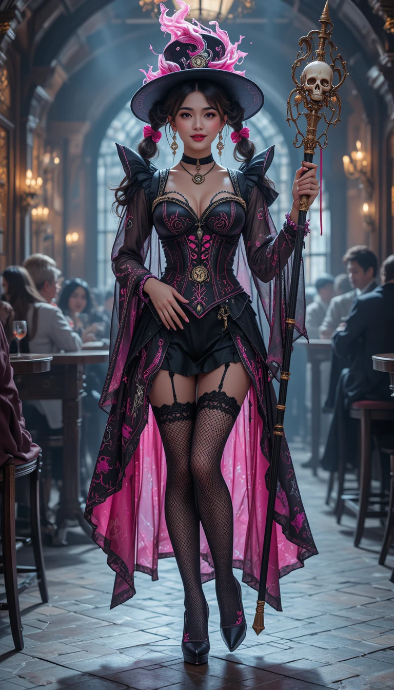 Strega coreana con abito nero e rosa in una taverna