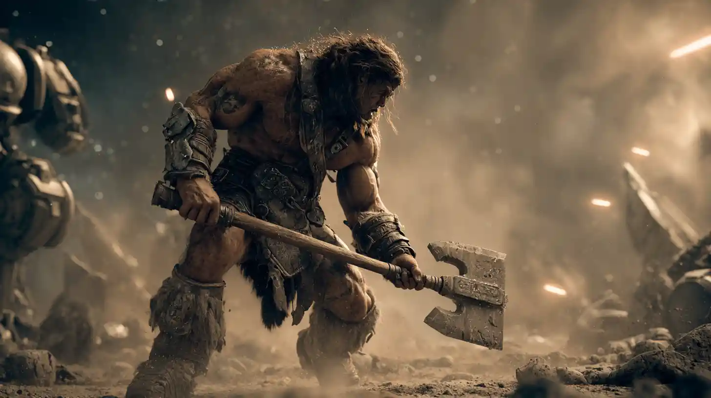 Barbarian warrior charging across a desolate robotic battlefield