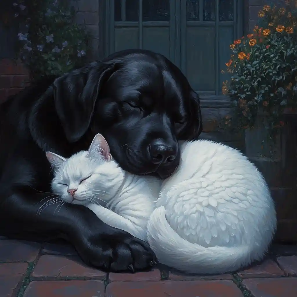 Black labrador cuddling a sleeping white persian cat at night