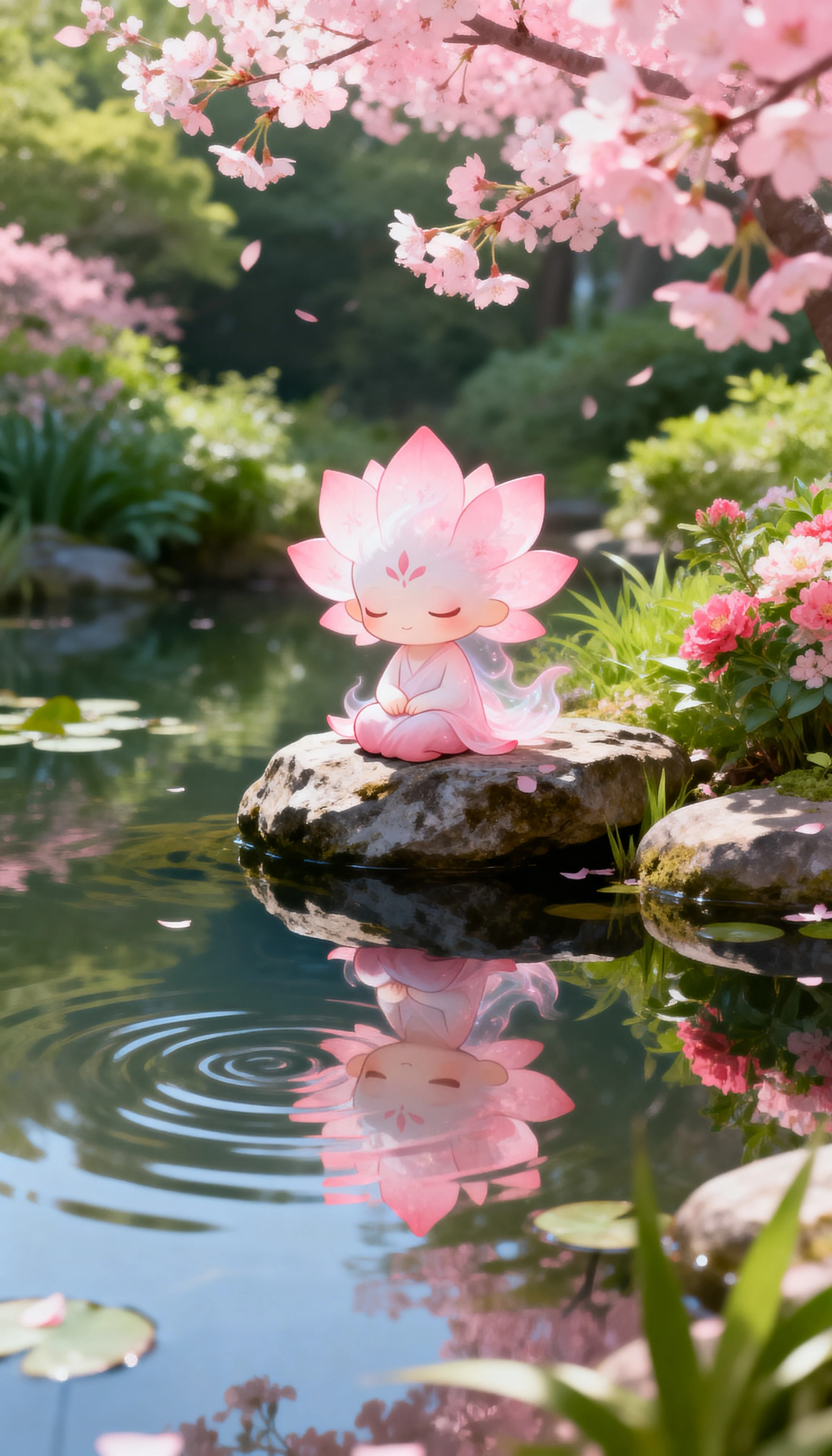 Esprit de fleur chibi se reposant près d’un étang de jardin paisible
