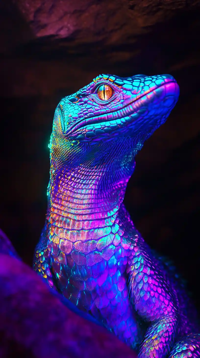 Neon basilisk posed in a dark cavern fashion scene