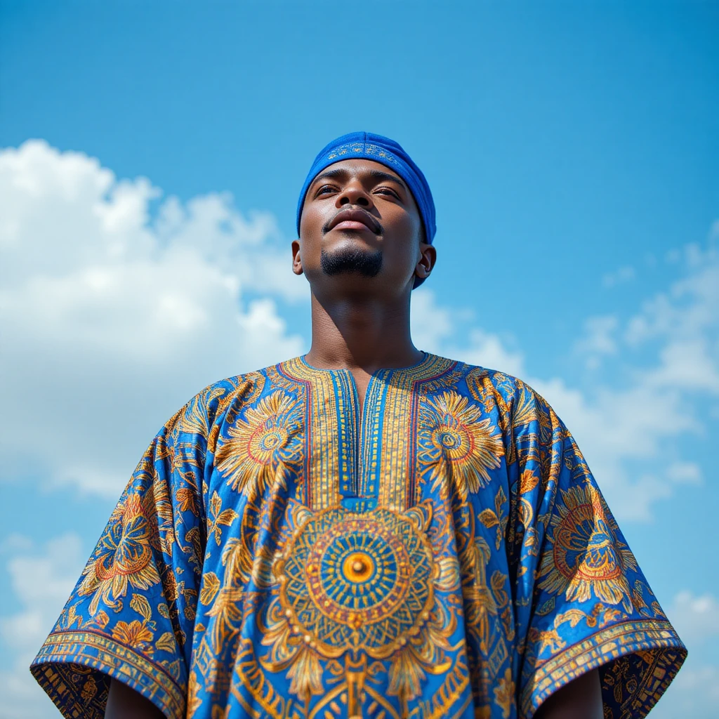 Hombre nigeriano con caftán azul mirando hacia el cielo despejado