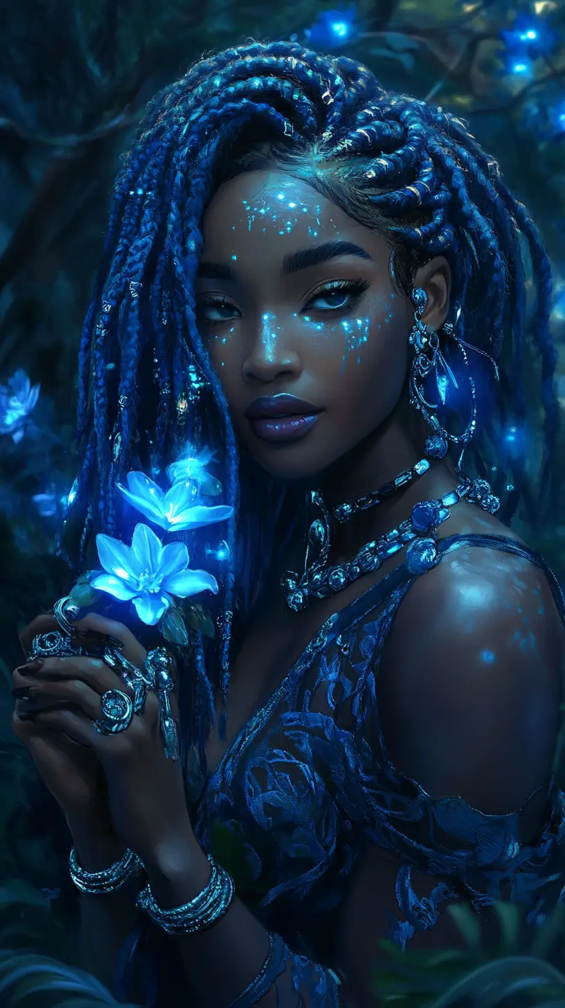 Mystical black woman with glowing flowers in blue forest