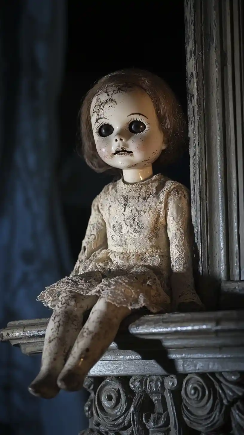Cracked Porcelain Doll On Dusty Window Ledge At Night