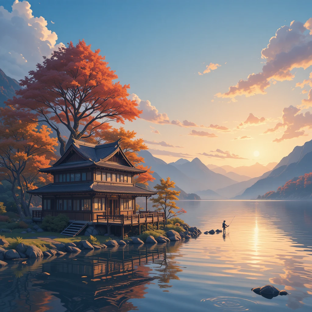 Homme pêchant près d’une maison au bord du lac au coucher de soleil paisible