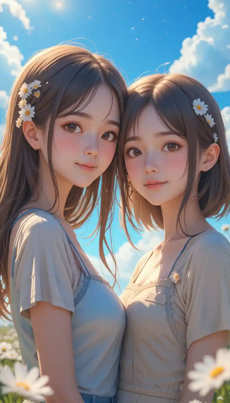 Anime couple close up with daisies under a summer sky