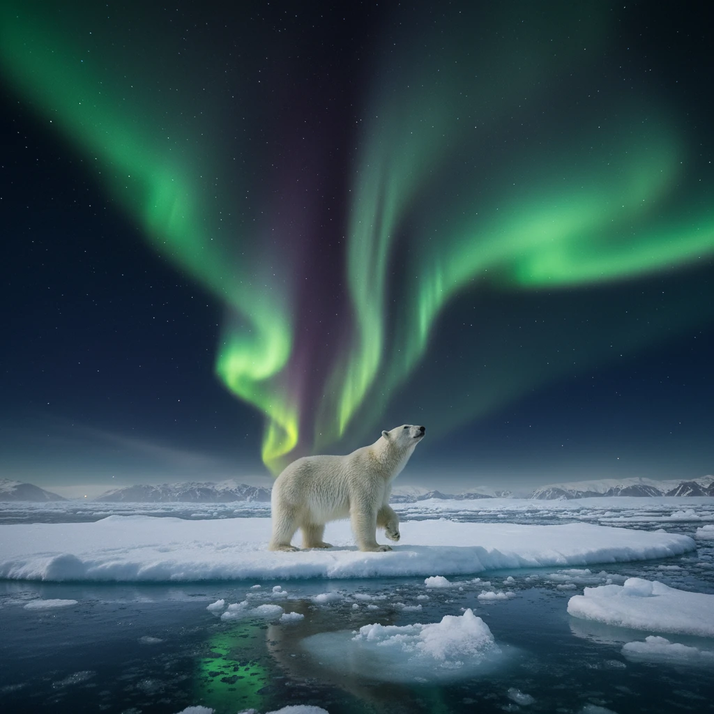 Urso‑polar majestoso sob um céu de vívidas luzes do norte