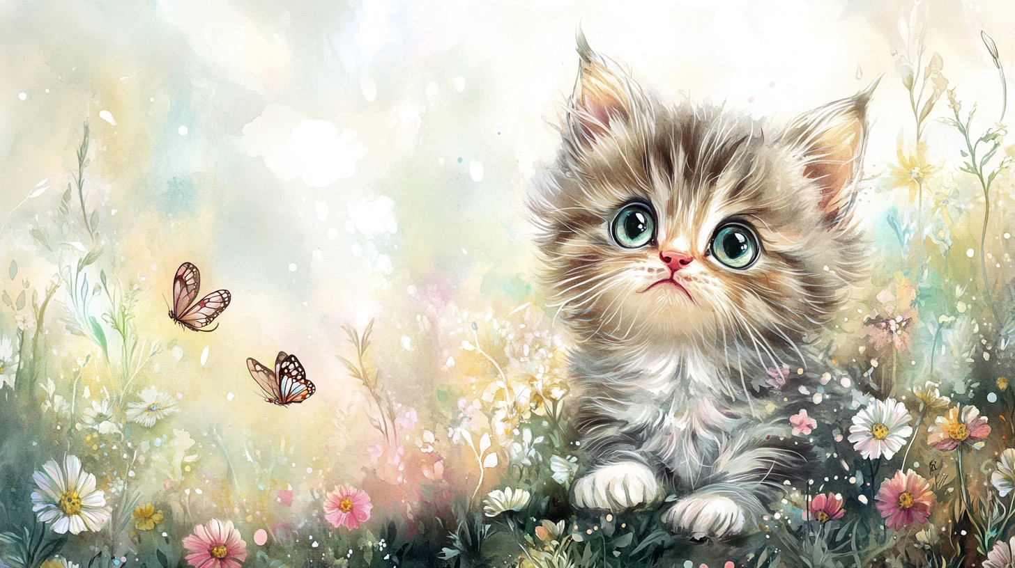 Gattino paffuto ad acquerello in un prato soleggiato di fiori selvatici
