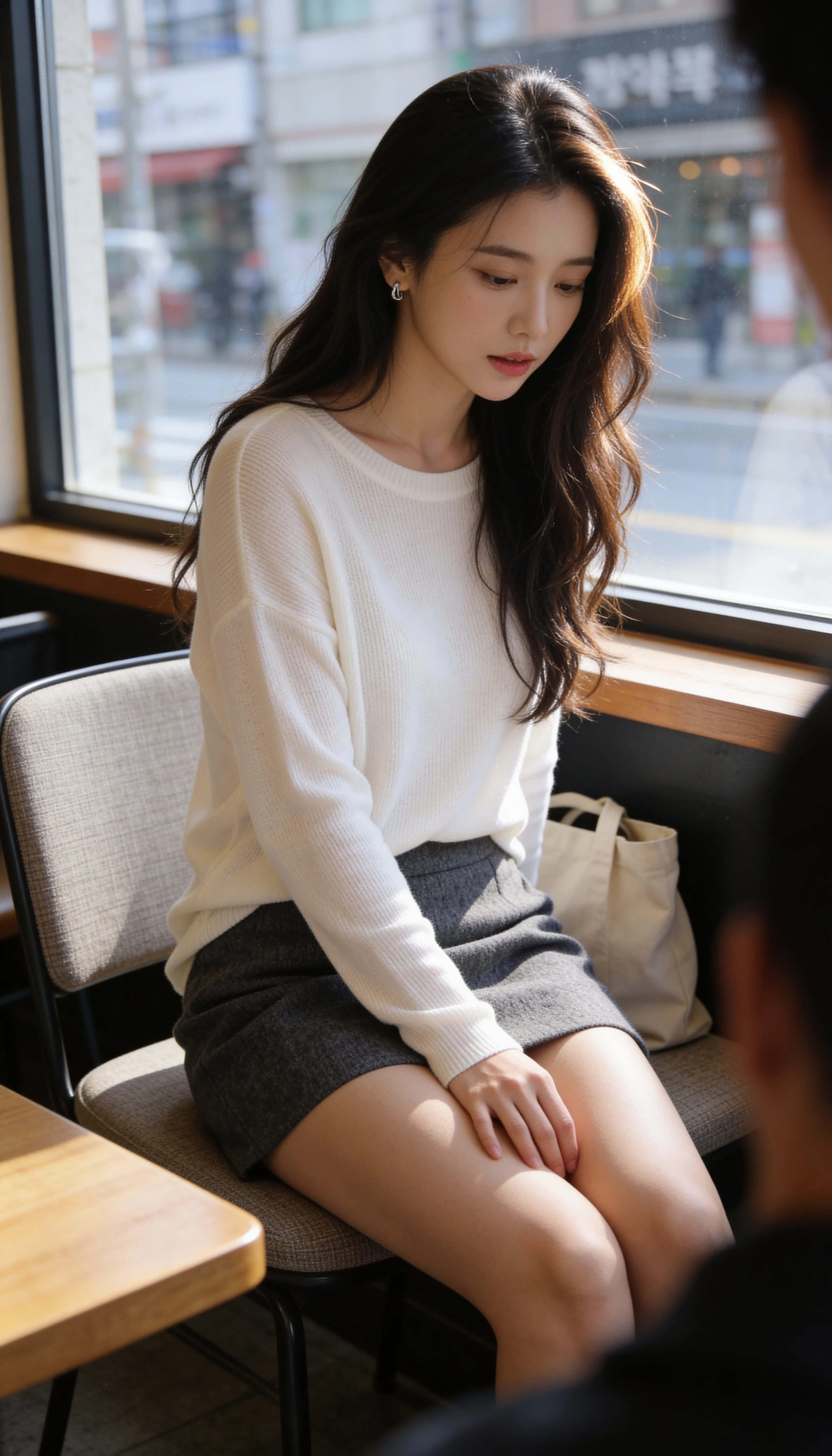 Mulher coreana em café capturada de um ponto de vista masculino sutil