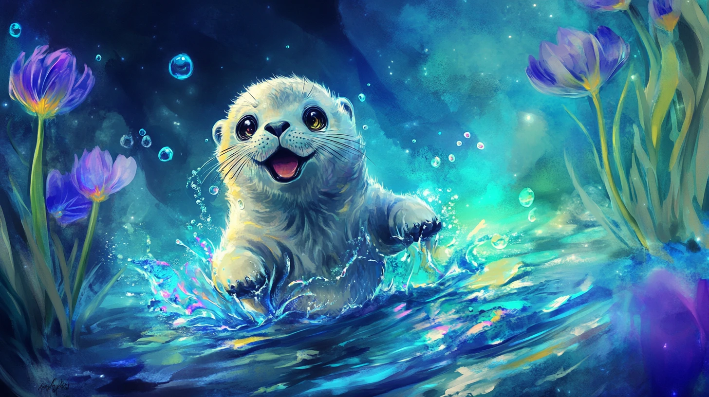 Filhote de foca brincalhão em poça de maré ao luar – ilustração