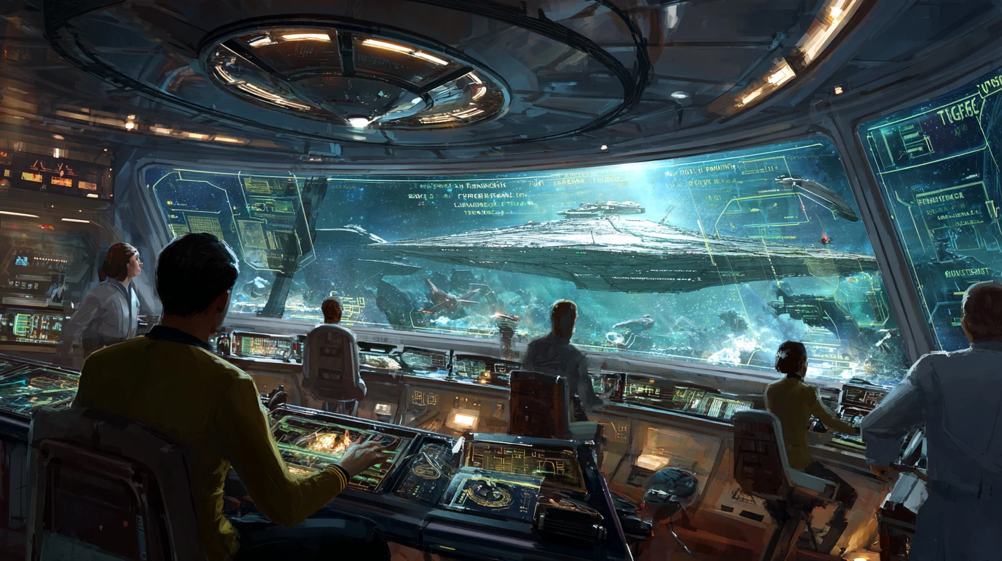 Capitaine de vaisseau spatial sur la passerelle face à un vaisseau alien ciblé