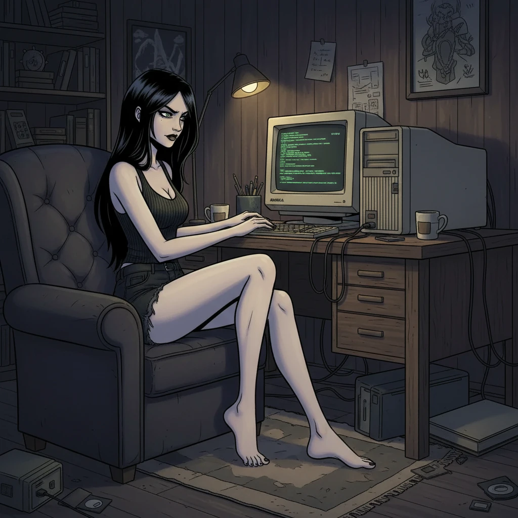 Mujer descalza hackeando en un terminal de computadora retro