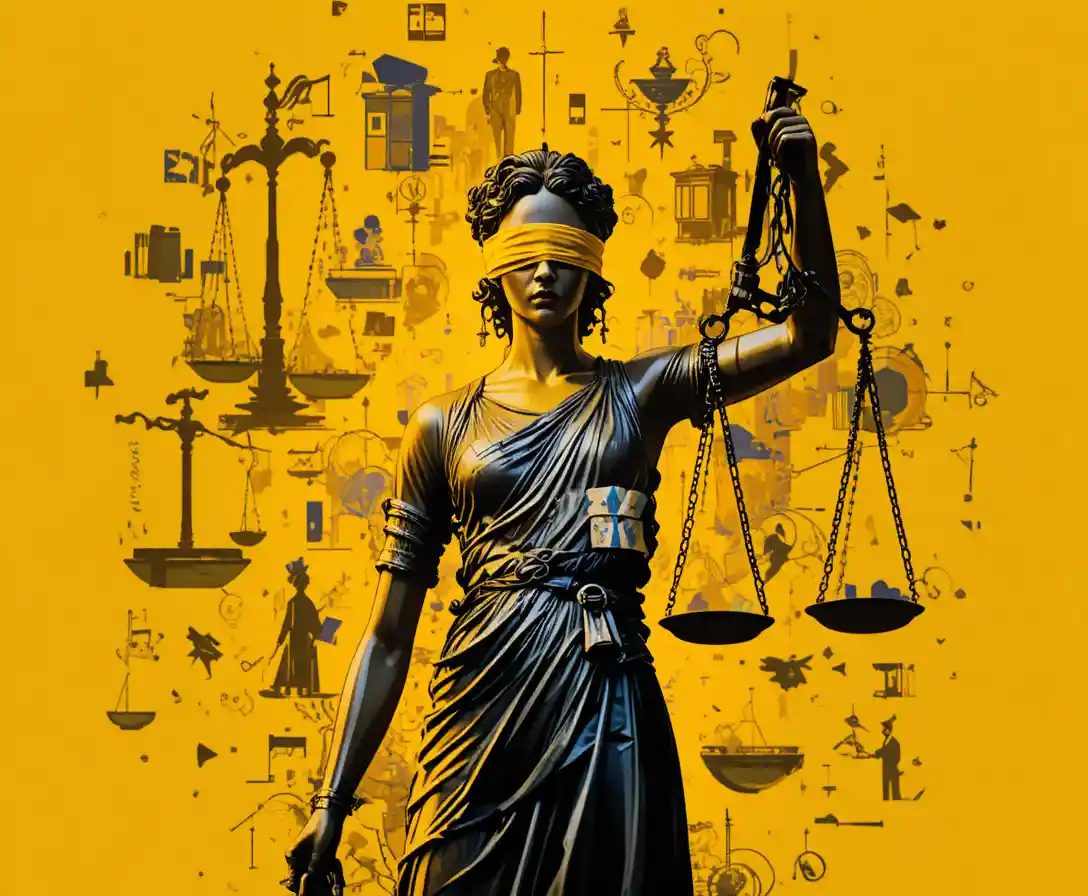 Estátua da Justiça vendada com símbolos jurídicos abstratos