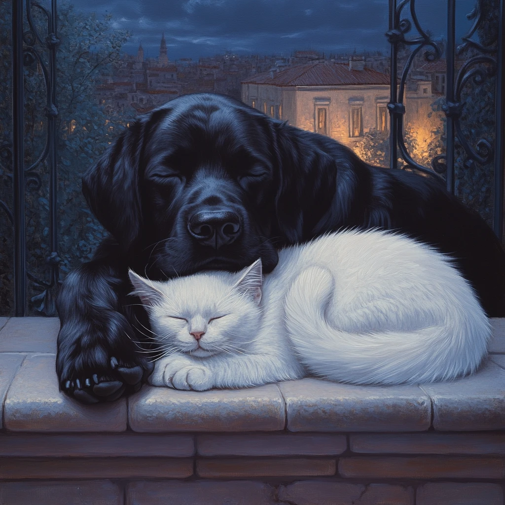 Labrador noir câlinant un chat blanc endormi sur la terrasse