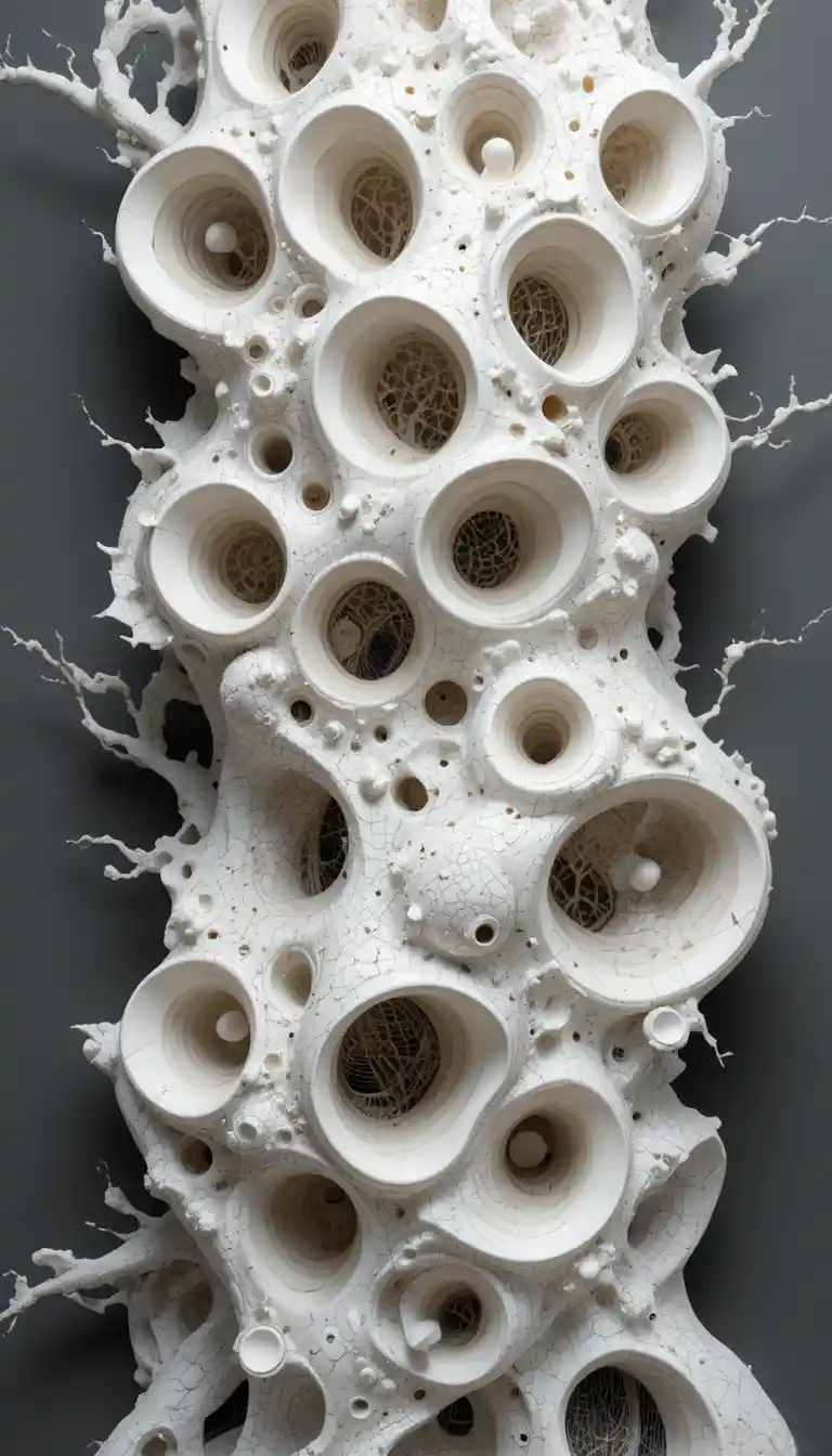Sculpture 3D organique cellulaire avec formes céramiques blanches poreuses