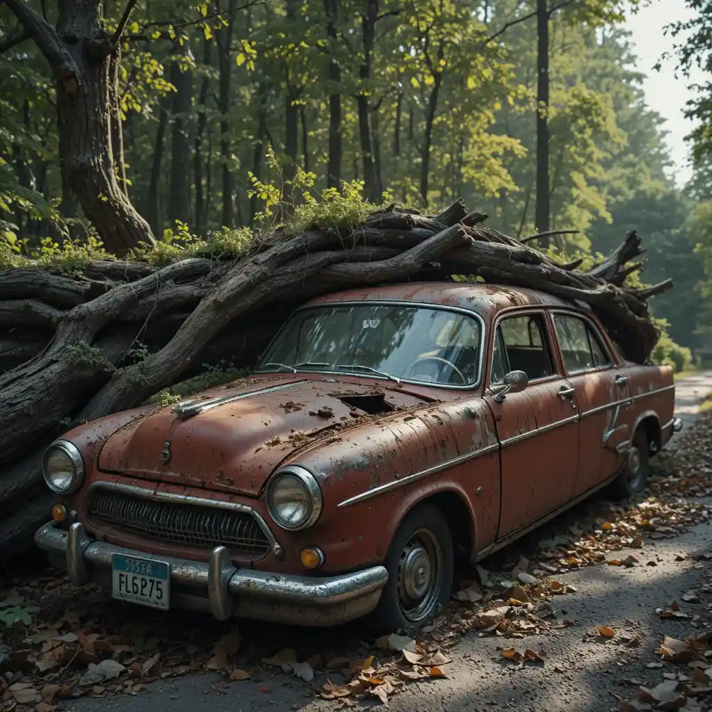 Carro compacto vermelho vintage esmagado por tronco de árvore caída