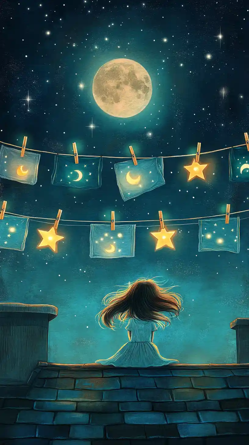 Ragazza che appende stelle luminose ad asciugare sotto la luna piena