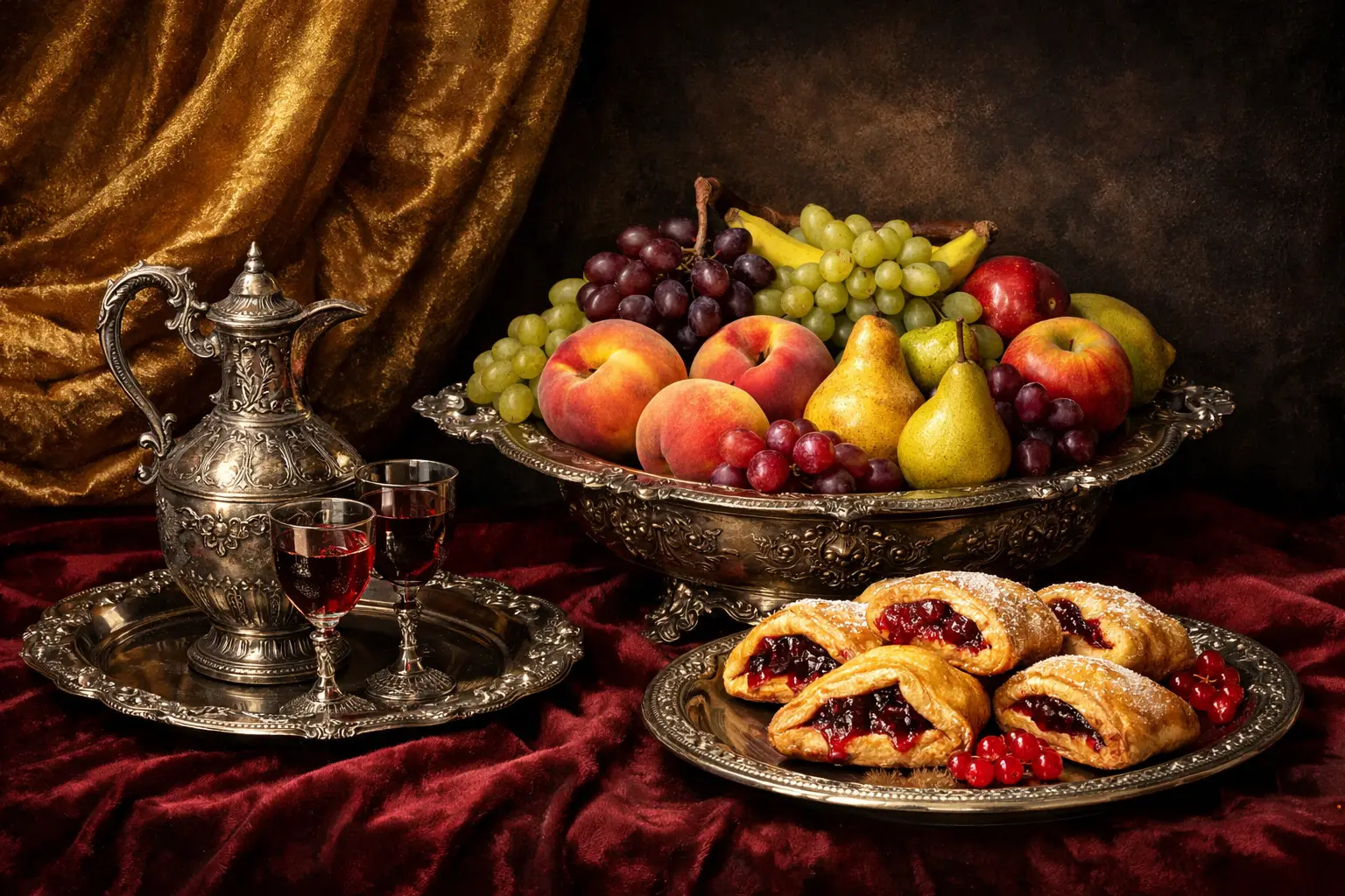 Natura morta opulenta con frutta e pasticcini su vassoio d’argento
