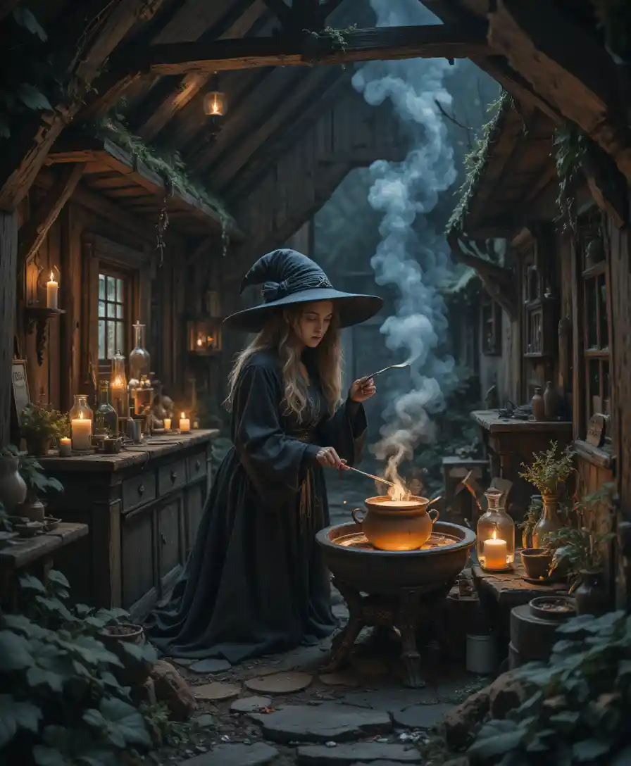Witch Brewing Potions In A Candlelit Fantasy Cottage