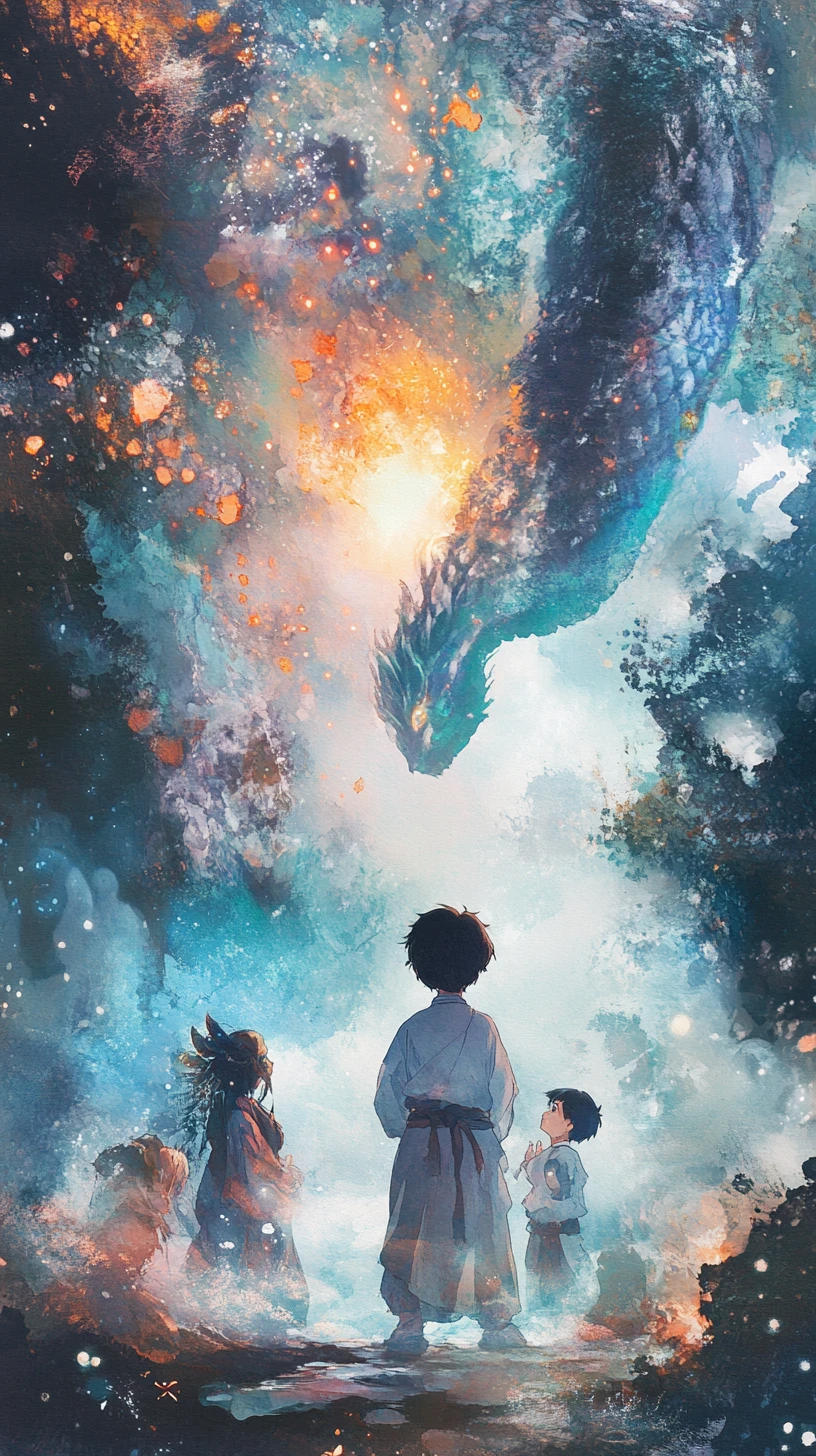 Young boy sorcerer leading friends through a mystical realm