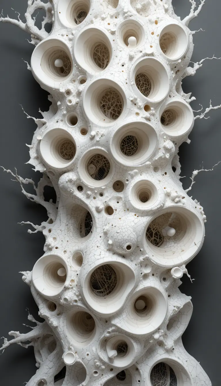 Organic cellular 3D sculpture with porous white ceramic forms