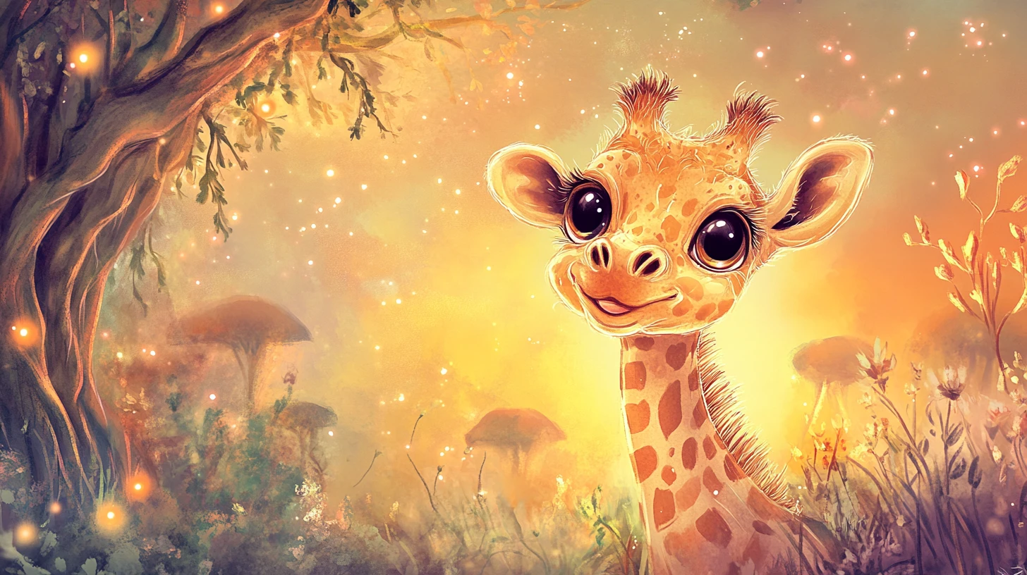 Adorável filhote de girafa espiando da savana encantada e brilhante