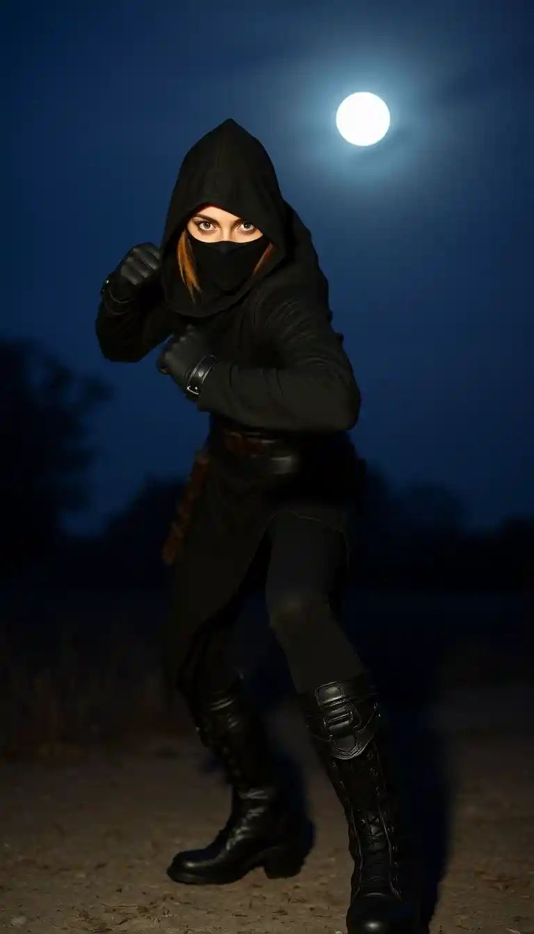 Masked female assassin ready in a tense fighting stance
