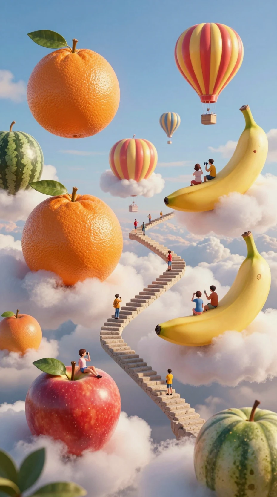 Ilhas de frutas flutuantes em um mundo celestial surreal