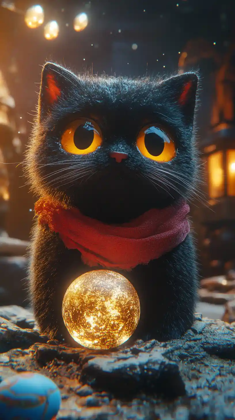 Chat en peluche noir avec couronne sur une surface en pierre ancienne