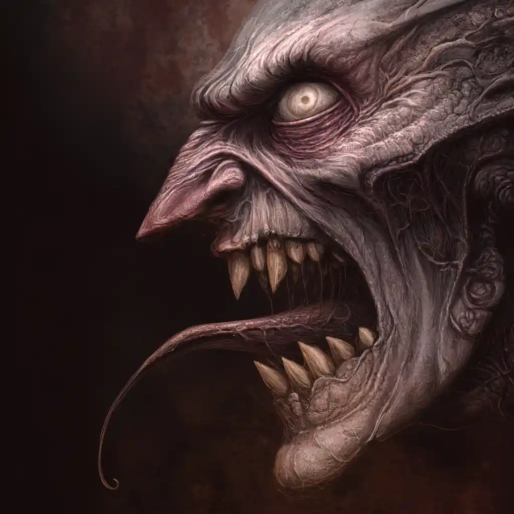 Rosto de monstro grotesco de perfil com língua bifurcada