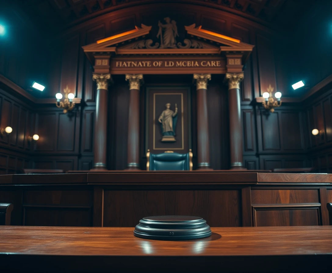 Banc de juge poli avec unique livre de droit dans la salle d’audience