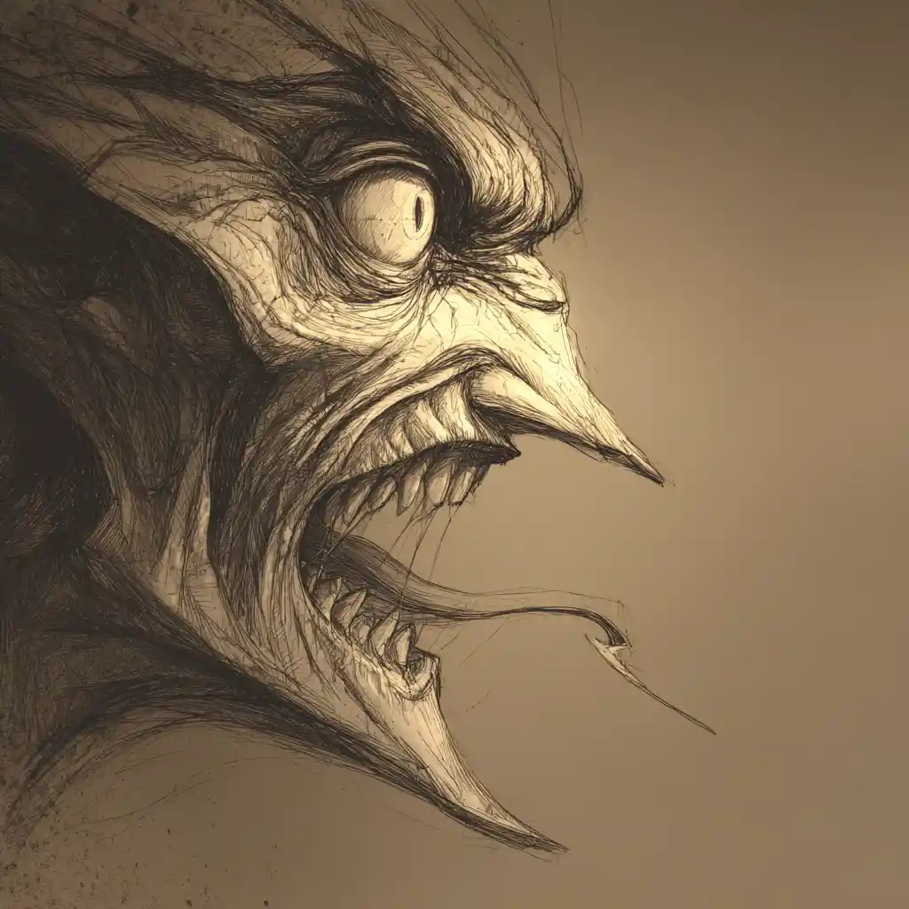 Rosto grotesco de monstro em perfil com língua bifurcada