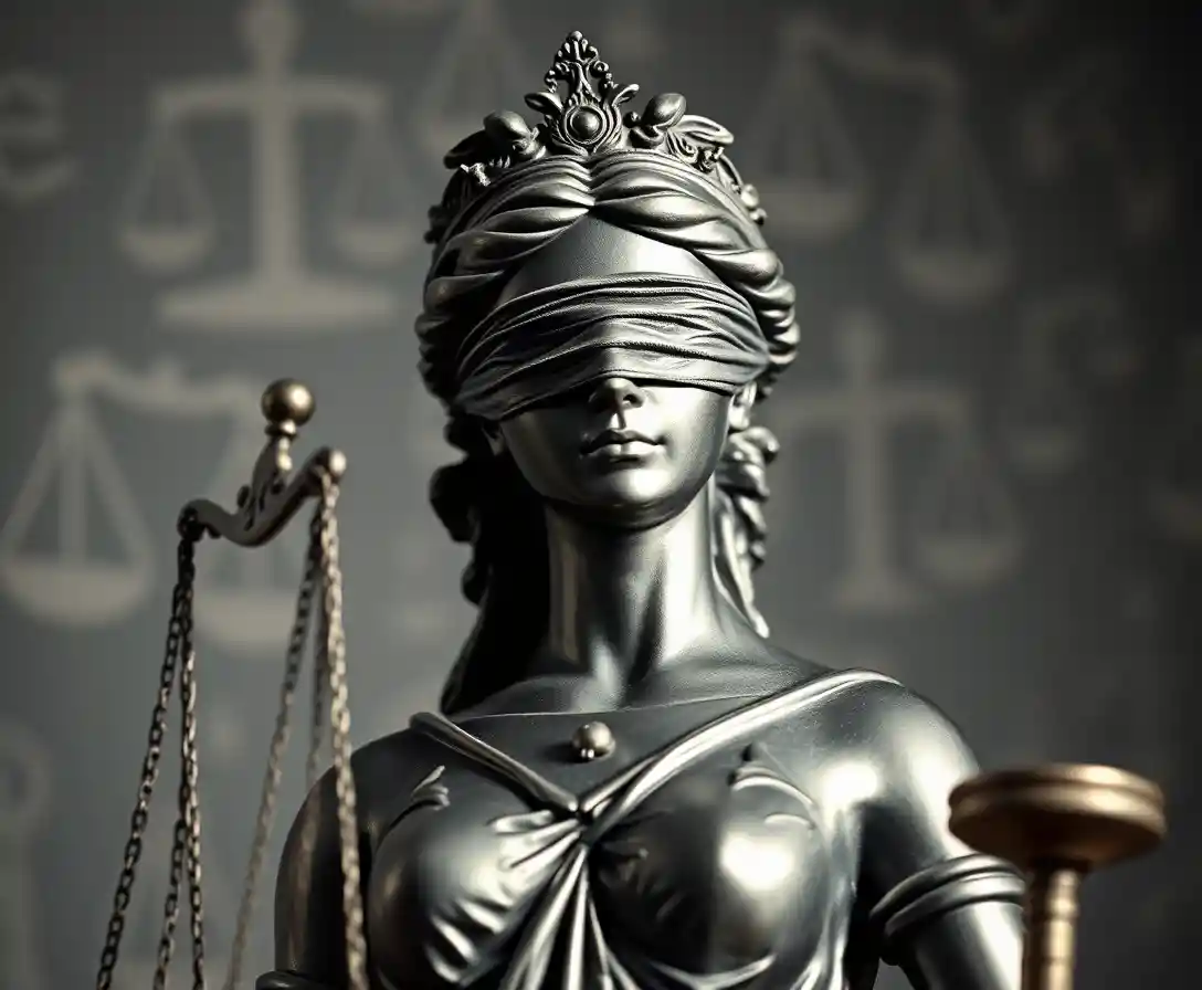 Statue de la Justice aux yeux bandés en contraste graphique saisissant