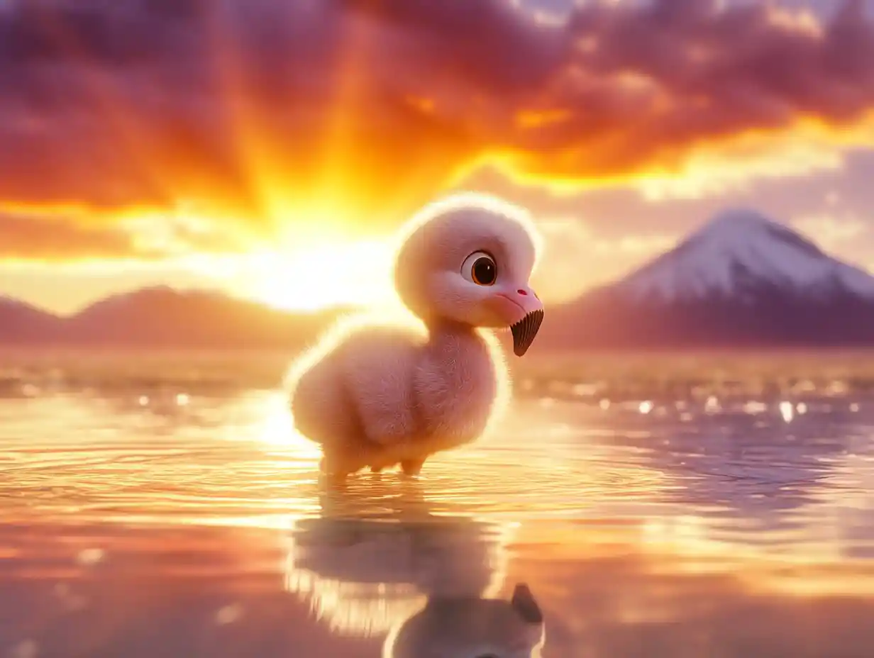 Cucciolo di fenicottero al tramonto luminoso su un tranquillo lago di montagna
