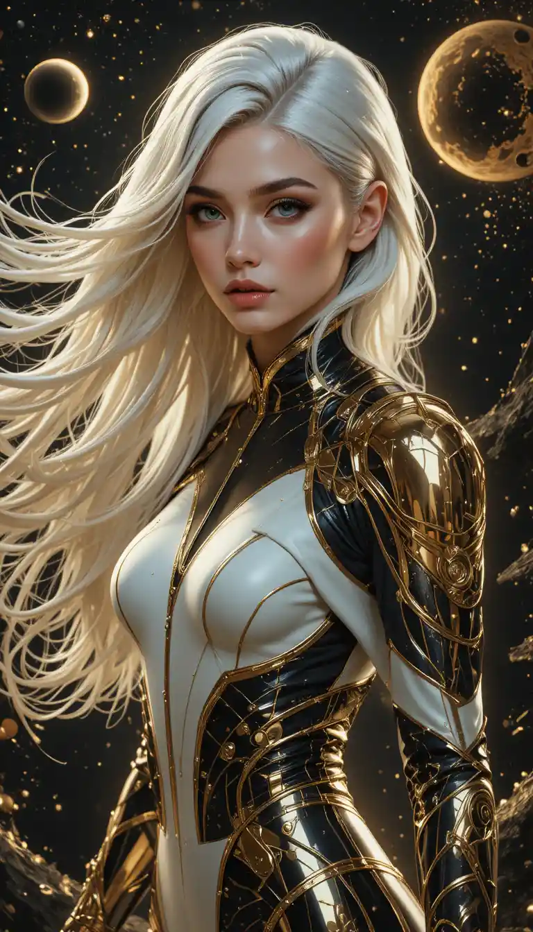 White haired woman in gold suit before a cosmic galaxy