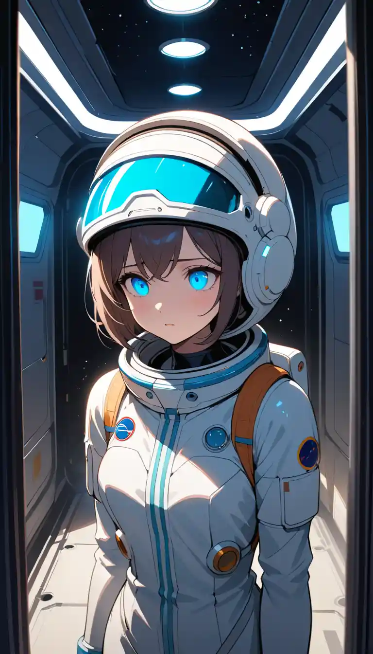 Lone female astronaut drifting inside abandoned space station