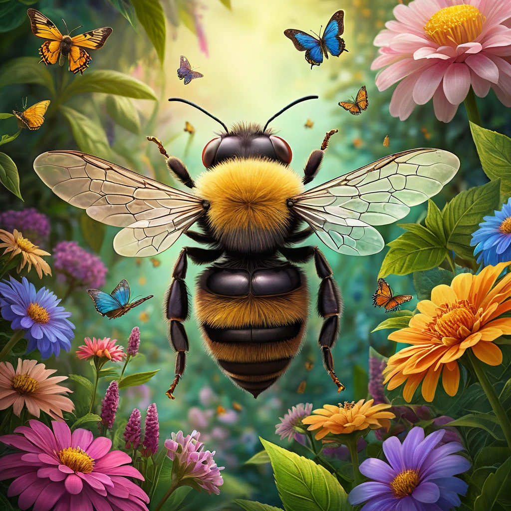 Abeille en gros plan dans une scène de jardin fantastique luxuriant