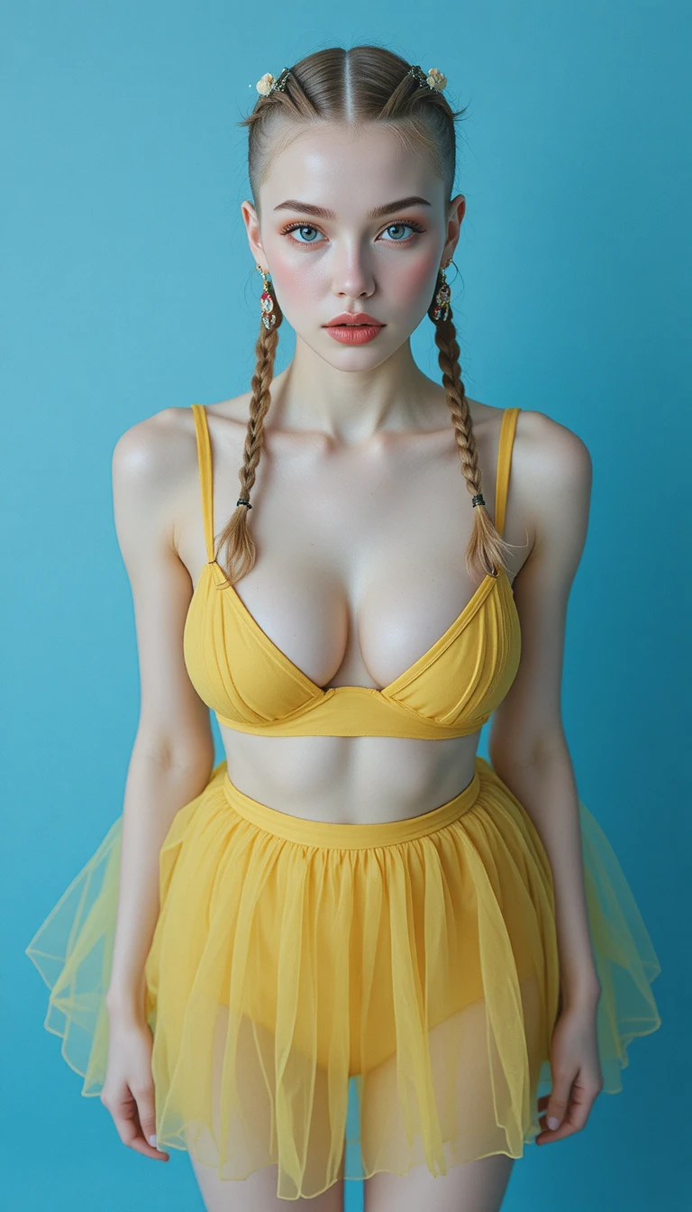 Chica con vestido amarillo vista desde arriba sobre fondo azul