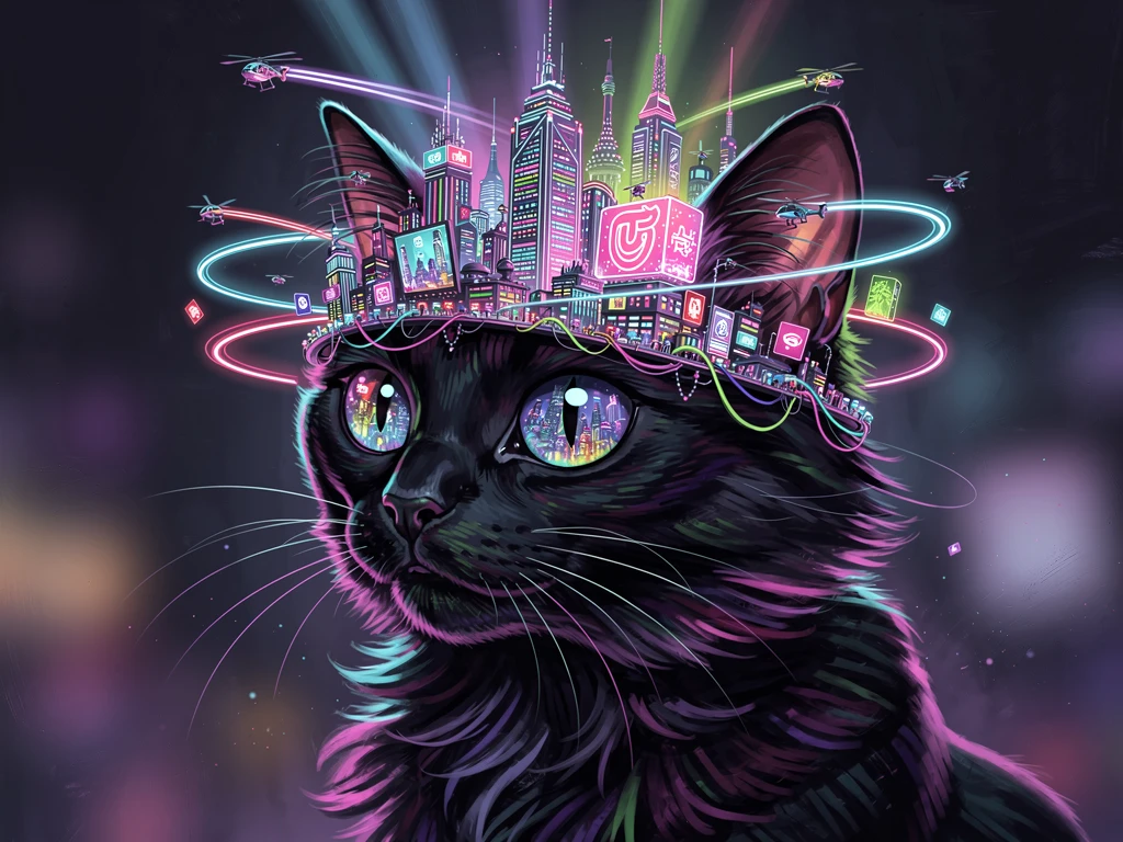 Black cat wearing glowing neon cyberpunk city hat
