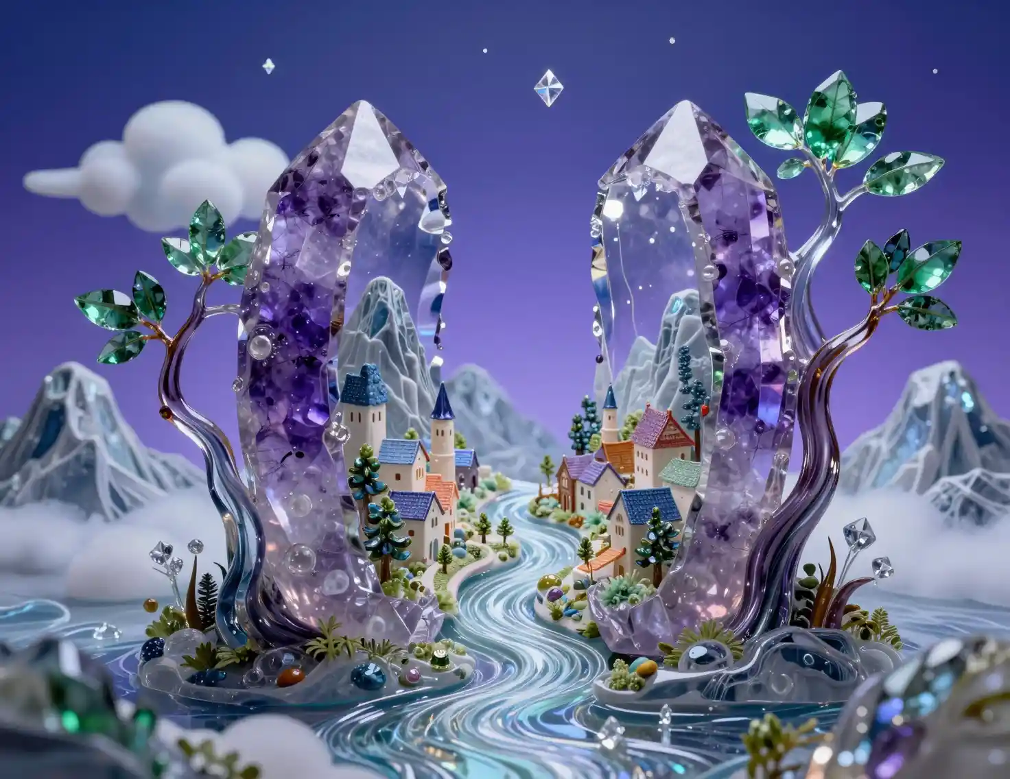 Villaggio di Cristallo in Miniatura in un Paesaggio di Vetro Luminoso