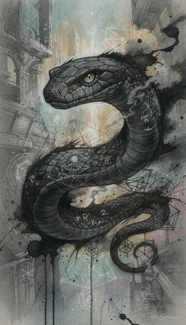 Retrato surrealista de serpiente en carbón con mirada enigmática